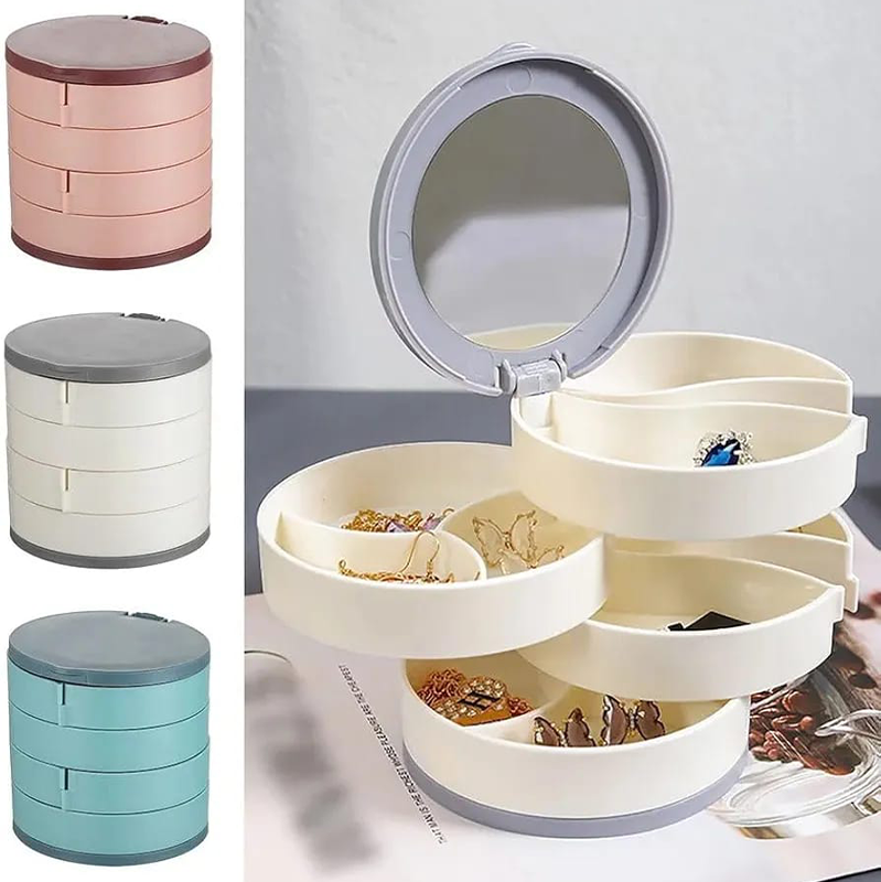 4 Layers Jewelry Organizer Storage Box,Swivel Multilayer with Makeup Box Vanity Mirror Jewelry Organizer